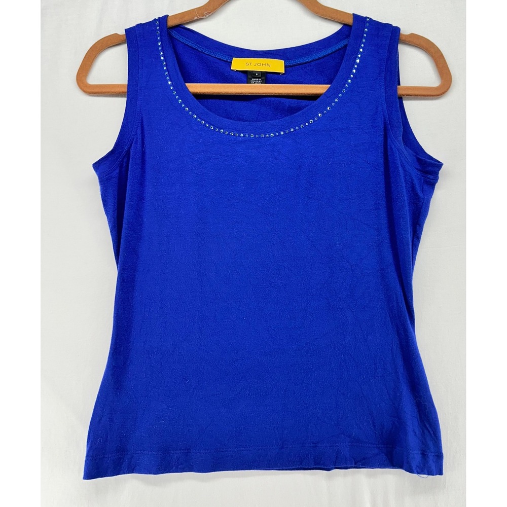 St John Royal Blue Embellished Crystal Scoop Neck Tank Top P Petite